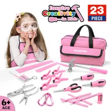 WORKPRO 23 Piece Pink Kid Tool Kits Pink Home DIY Woodworking Hand Tool W/Bag