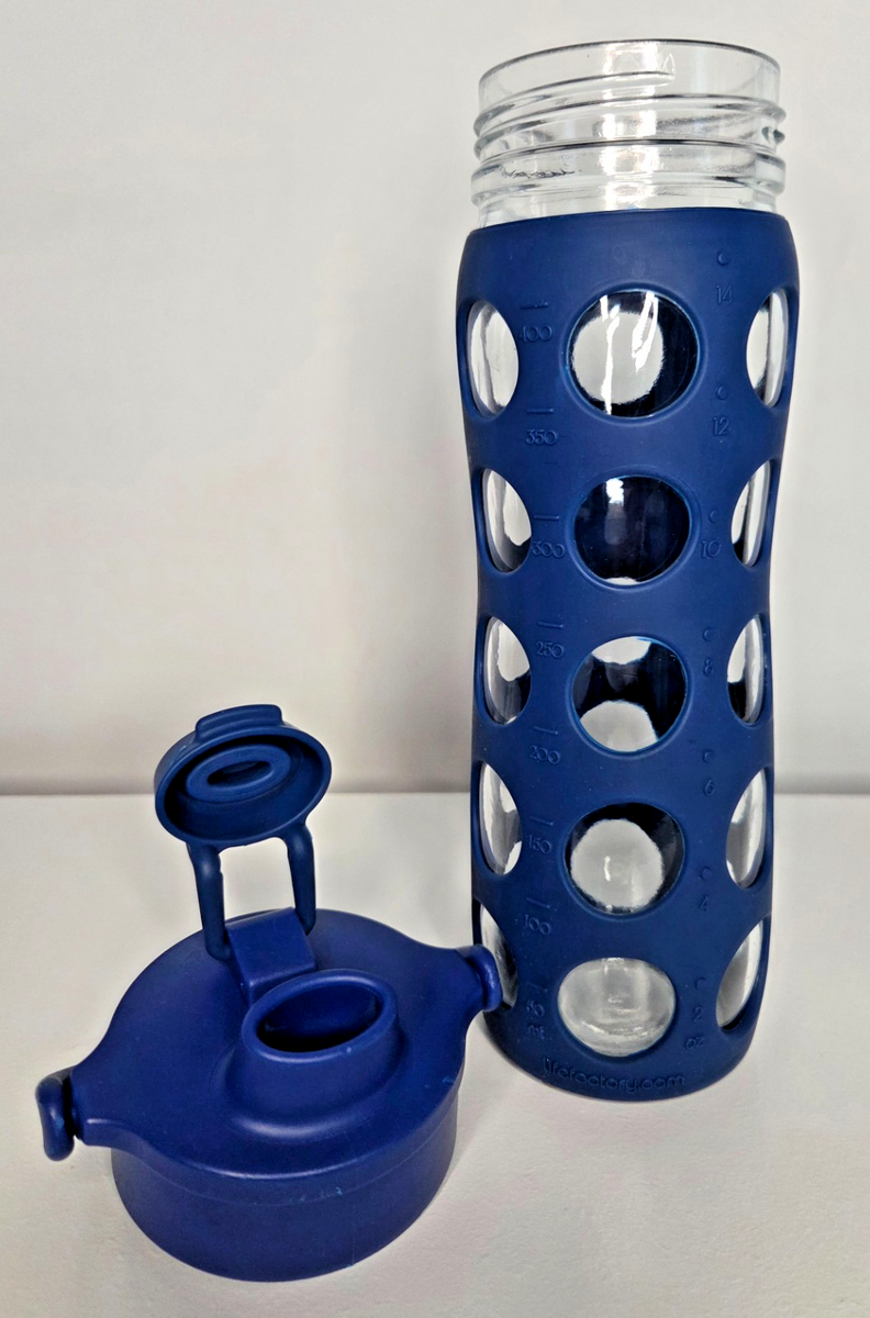 Life Factory Glass Water Bottle 16 oz Dark Blue Silicone Screw on