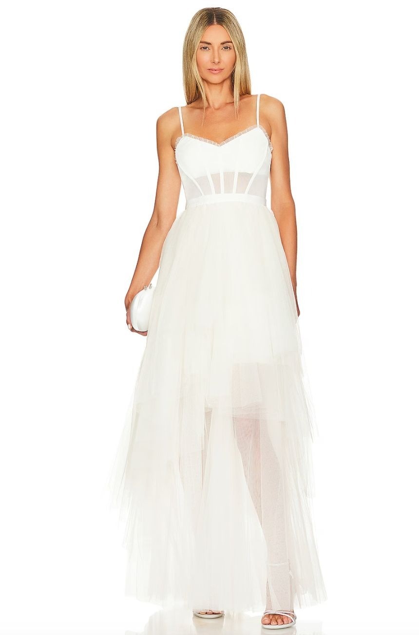 BCBGMAXAZRIA Oly Tiered Ruffle Tulle Evening Gown Gardenia Womens Size 14