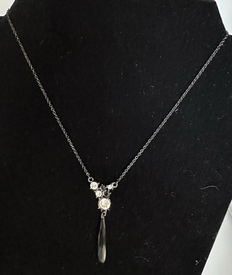Vintage Avon SaQ Black Teardrop Pendant Rhinestone Cluster Necklace Signed