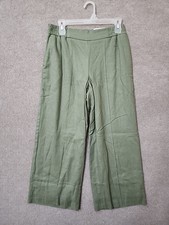 Nine West Pull On Crop Linen Blend Pants Women S Green Pintuck Wide Leg LinedNEW