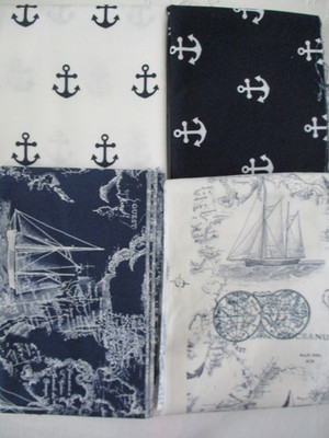 *FABRIC BUNDLE: 4pc Nautical Map Ocean Sailboat Navy White Cotton Quilt 2yd(F24)