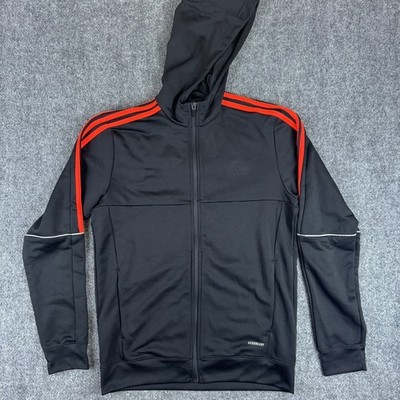 Adidas Jacket Mens Medium Black Red Hooded Full Zip AEROREADY Athletic 3 Stripes