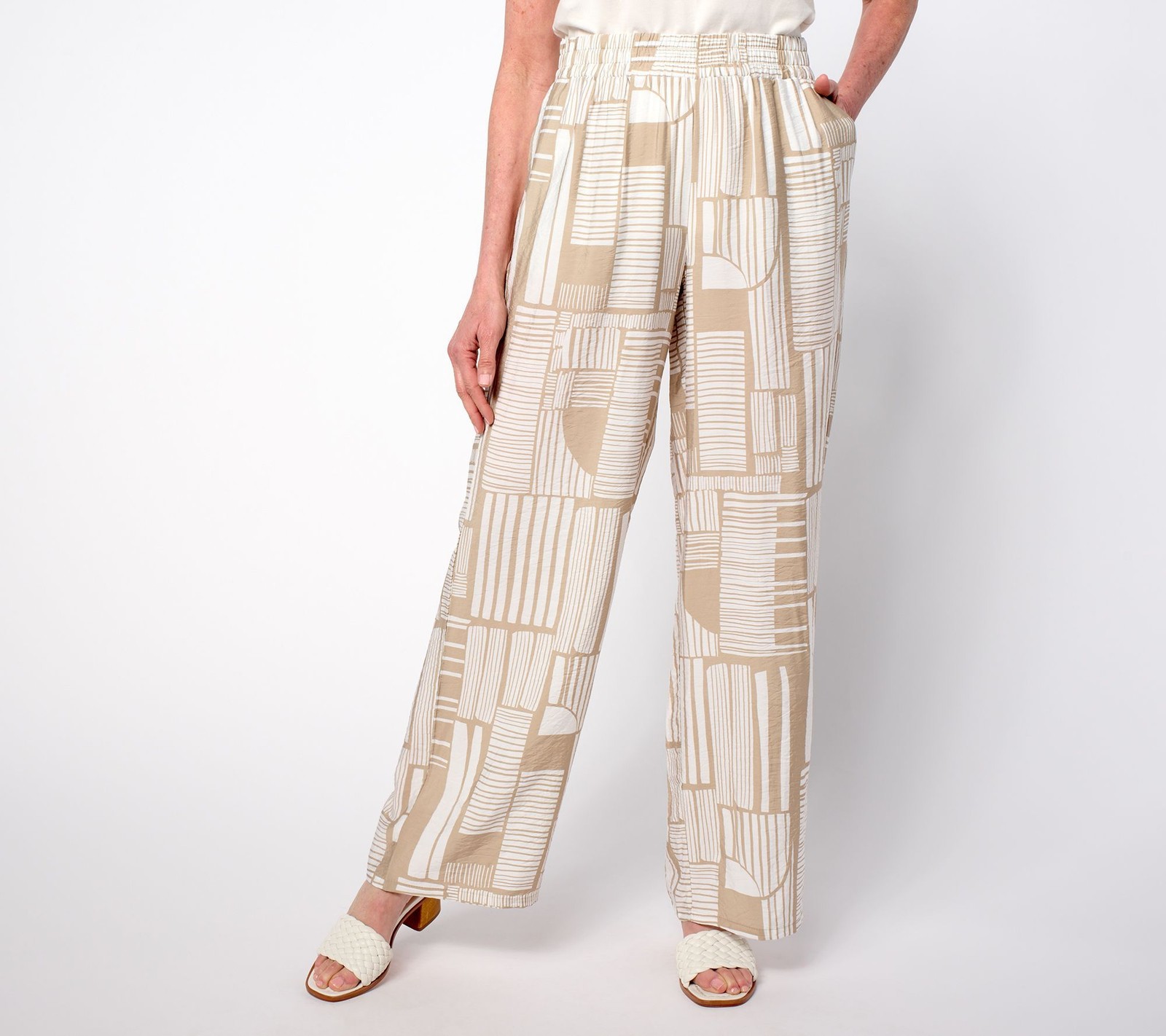 Susan Graver Women's Pants Sz L Weekend Printed Dolce Woven White A687838