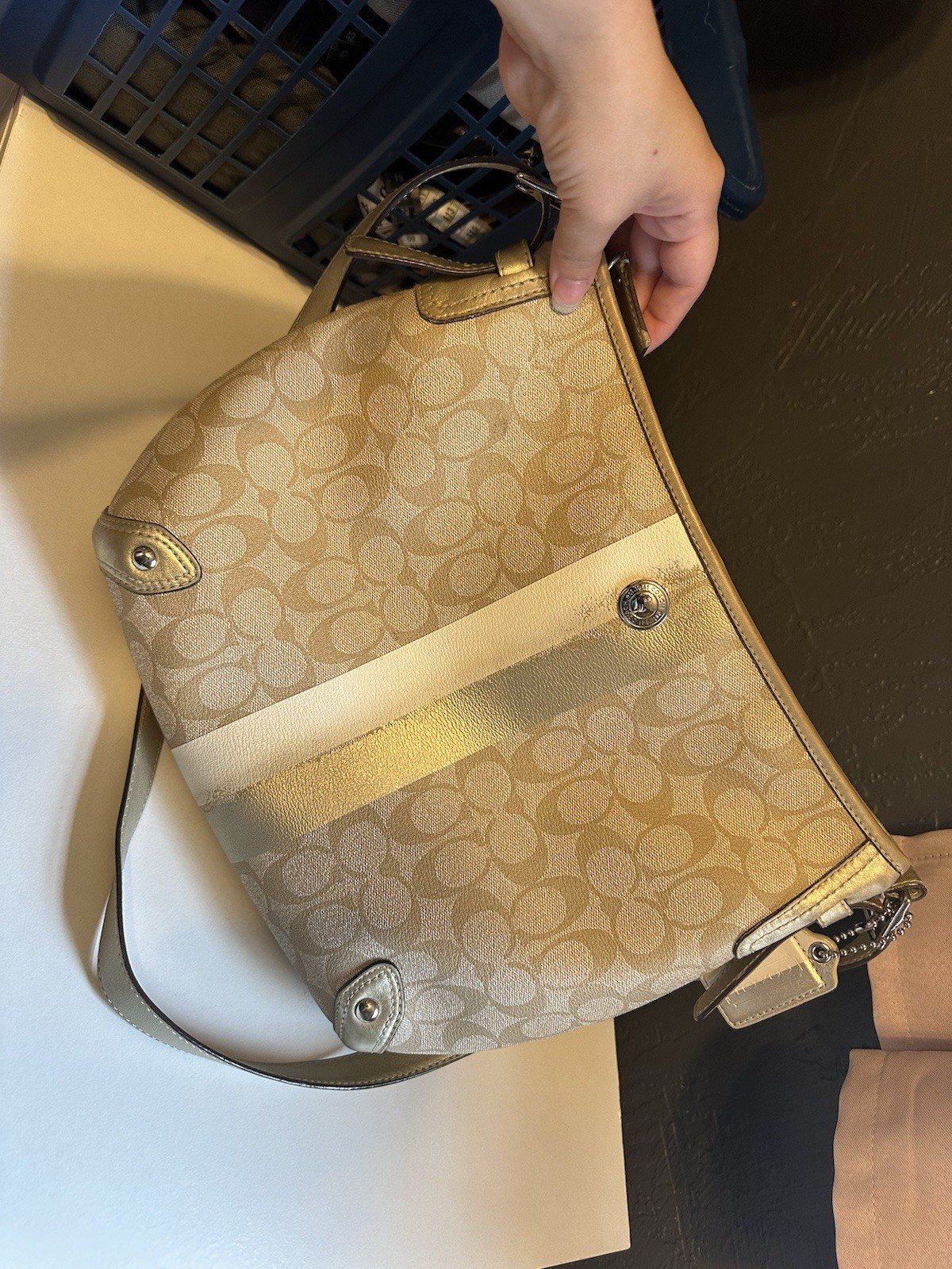 Cream C Logo Coach Bag with Red Interior and Stripe Design