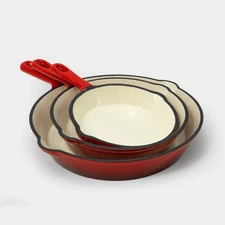 3 Pc Cast Iron Skillet Set w/Red Enamel Coating, Perfect for Home Stovetop an...