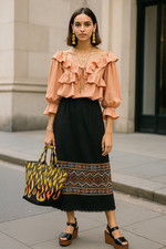 Vtg 70s Brown Cotton ETHNIC EMBROIDERED Boho FRINGE Full MIDI MAXI Skirt M L
