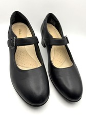 Clarks Womens Shoes Black Leather T-Bar Mary Jane Comfort Size 6 D Block Heel UK