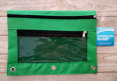 3 Hole Green Pencil Zipper Binder Pouch