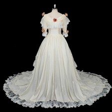 Vintage Satin Wedding Dresses Rose V Neck Flower Lace Short Flare Sleeve Ruffles
