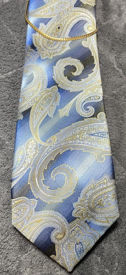 Corbata de cuello Mario Ferrari azul con detalles dorados cachemira poliéster para hombre 60"L 3"W Foto 4 de 4