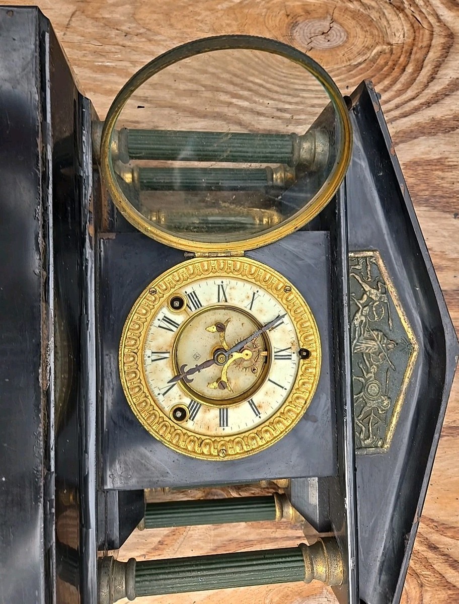 1881 ANSONIA MANTLE CLOCK BLACK CAST IRON OPEN ESCAPEMENT NEW YORK
