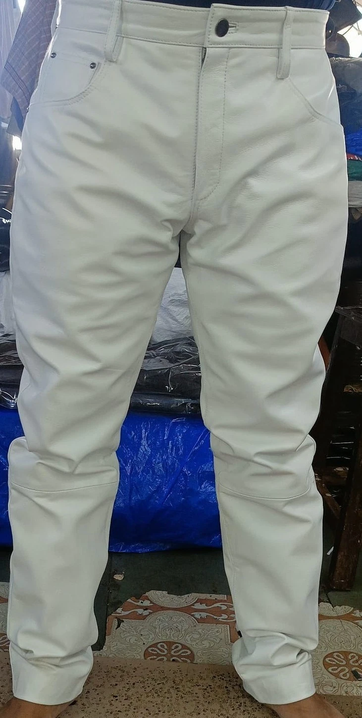 Men's White Leather Pant Pure100% Sheepskin Leather Stylish Slim Fit Formal Pant