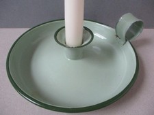 A Vintage Enamel Chamberstick Candle Stick Holder Pale Green Wee Willie Winkie
