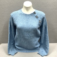 LOFT Sweater XS Blue Ribbed Wool Blend Asymmetric Jeweled Shoulder Button Top