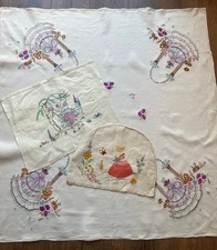 Vintage Hand Embroidered Crinoline Ladies Bundle- Tablecloth~Teapot Cover