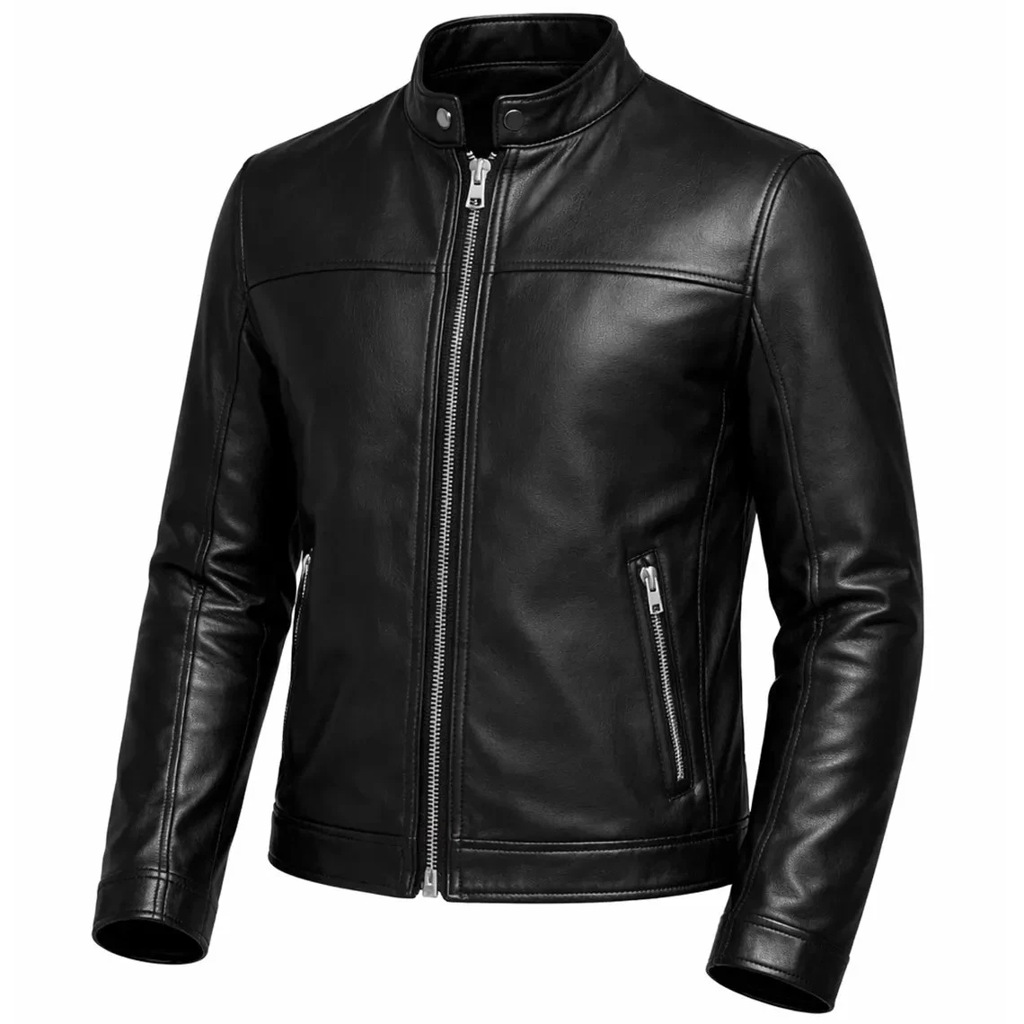 Men's Black Genuine Leather Biker Jacket Slim Fit Motorcycle Zip Coat