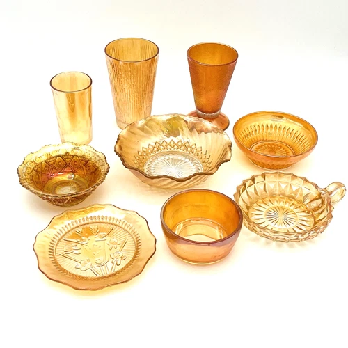9 Carnival Glass Marigold Candy Nut Dishes Bowls Drinking Glasses Mixed Lot