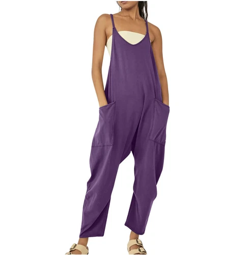 Womens Jumpsuits Loose Casual Rompers Sleeveless Spaghetti Strap Baggy Pockets - Picture 6 of 40