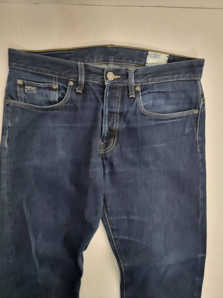 G Star Raw Jeans Mens 34x 28 Straight Button Fly Dark Wash 100% Cotton 3301 - Image 3 of 4