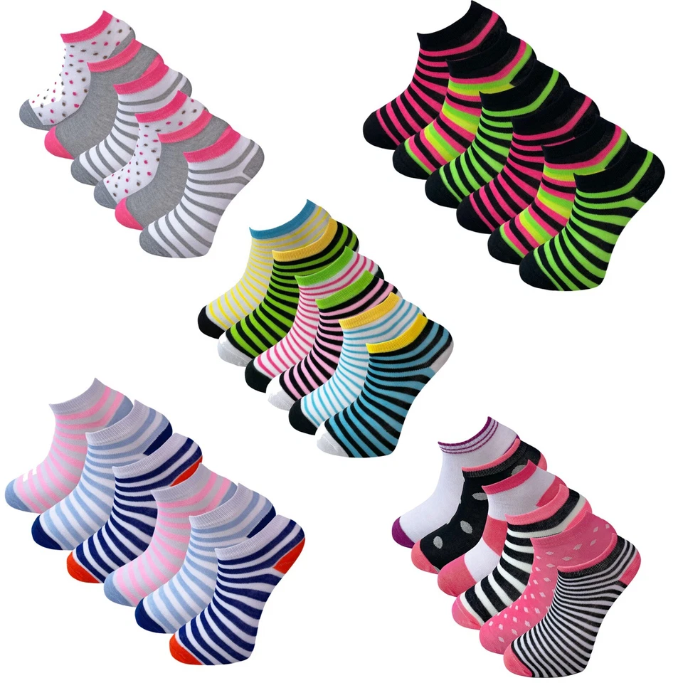 6 Paires Femmes Coton Mélange Rayé Points Tainer Chaussettes UK - Photo 1/1