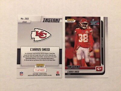 L'Jarius Sneed #265 Chiefs 1 of 423 made 2022 Panini Instant AFC Champions SB 57