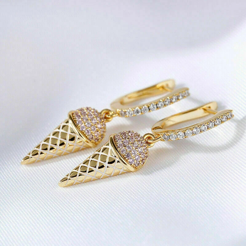 1.30 Ct Round Cut Diamond Simulated Ice Cream Dangle Earrings Yellow Gold plated - Image 2 of 4