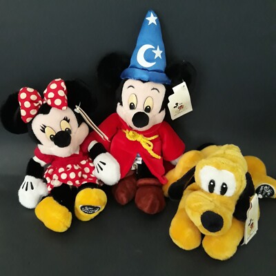 Lot of 3 Disney Store Bean Bag, Sorcerer Mickey, Minnie, Pluto Walt Disney World
