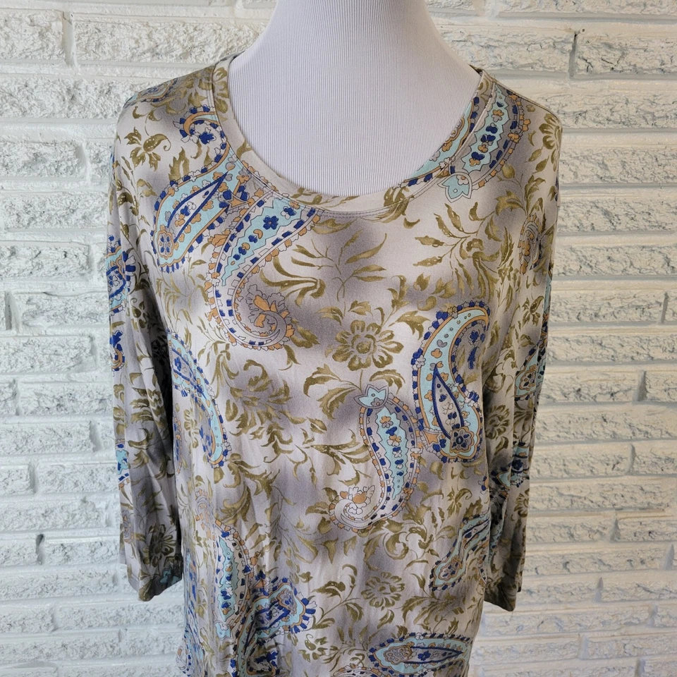 Caribbean Joe Womens Top Extra Large XL 3/4 Sleeve Blue Green Paisley Comfy - Image 3 of 4