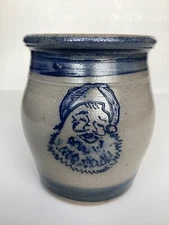 Vtg Rowe Pottery Works Santa Claus Crock 1991 Blue Salt Glaze 5” Cambridge WI