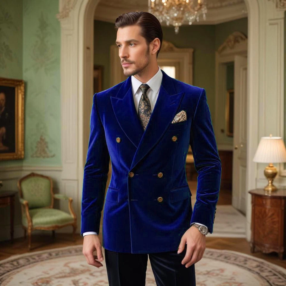 Men Double Breasted Suit 2 piece Slim fit Wedding Velvet Royal Blue Blazer Pant - Image 2 of 4