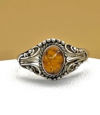 Sterling Silver Amber Or Faux Ring Size 7 Orange Cab Filigree