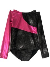 Girls Long Sleeve Pink Black Silver Polka Dots Leotard Dance Outfit Size 150