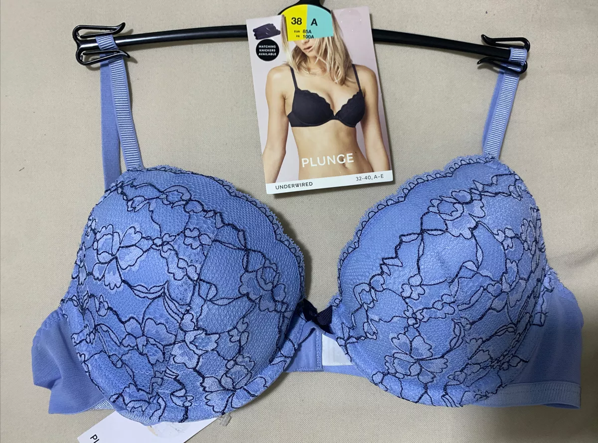 M&S UnderWired PLUNGE Bra With Lace Trims In BLUE Size 38A