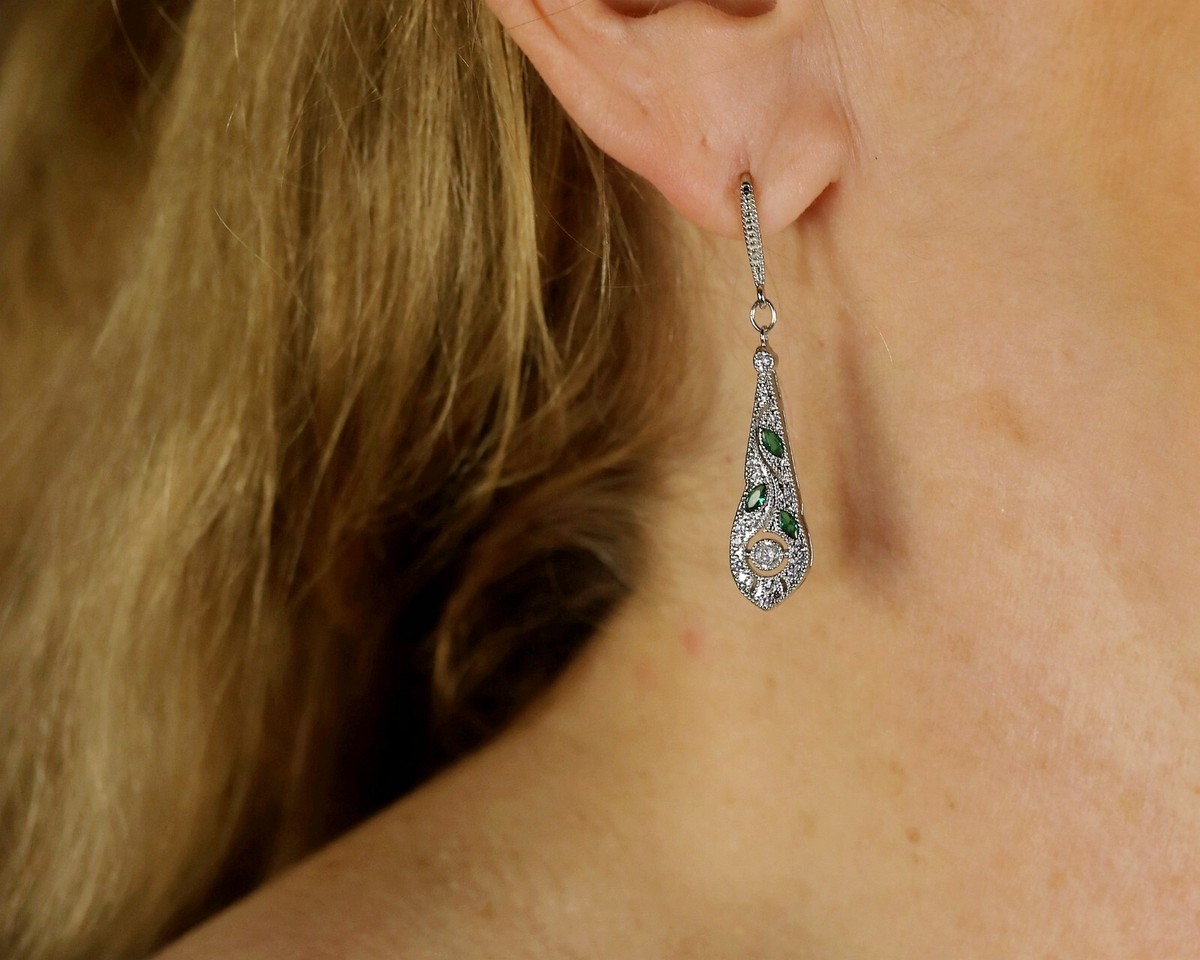 Boucles D'oreilles Goutte Argenté Serti CZ Vert - Style Belle Epoque - Neuf Sans Emballage