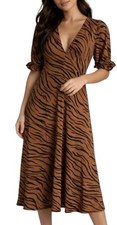 Faithfull The Brand Zebra Print Maxi Dress XS Brown Black Puff Sleeve VNeck Boho