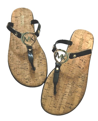 Michael Kors MK schwarz gold Gummi Sandalen Größe 7 Logo PVC Kork Riemen Flip Flop