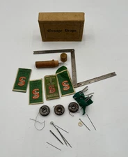 Antique Sewing Kit Orange Drops Box w Needles Bobbins Rulers Primitive