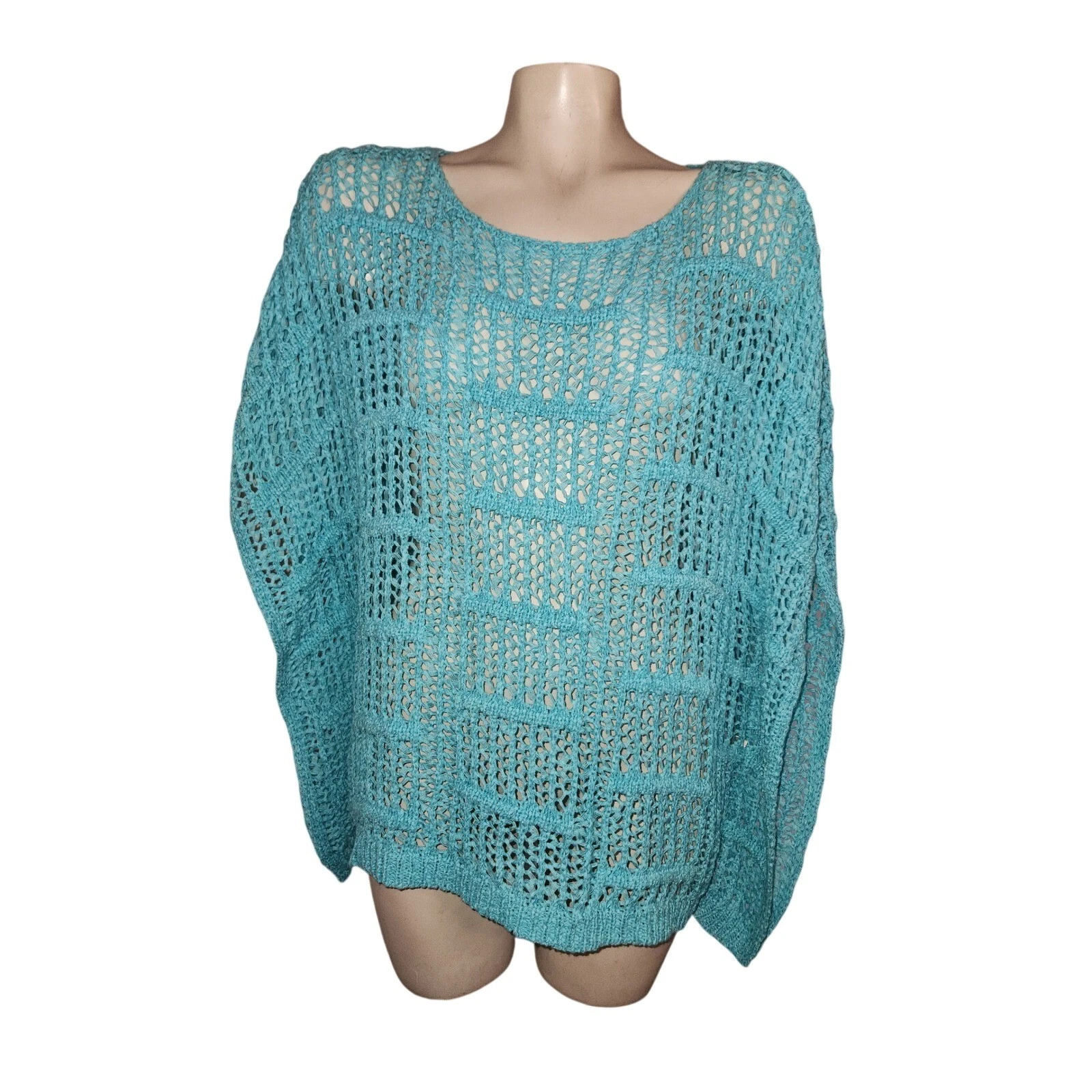 Chicos Turquoise Elsie pullover Crochet Poncho Sweater Size 2 L XL Geometric