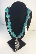 VTG Blue African Sea Glass 21  Necklace with Seahorse Pendant Acrylic  Silver