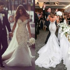 Mermaid Wedding Dresses Off Shoulder Train Applique Backless Lace Bridal Gowns