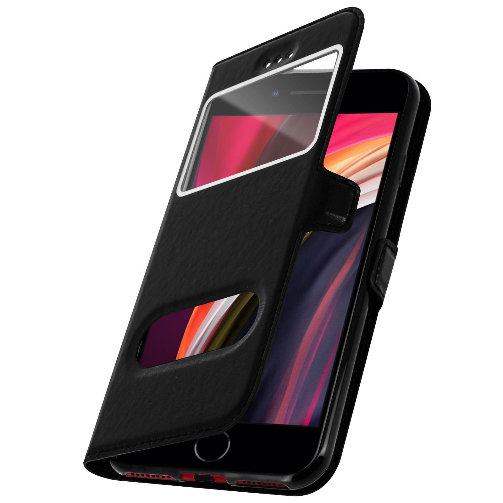 Coque iPhone 7 fine noire design épuré à double fenêtre de lecture