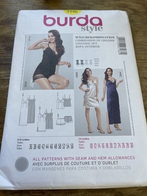 Burda Style Pattern 7186 Ms Lingerie Set: Slips 2 Lengths~Camisole~Shorts  10-30