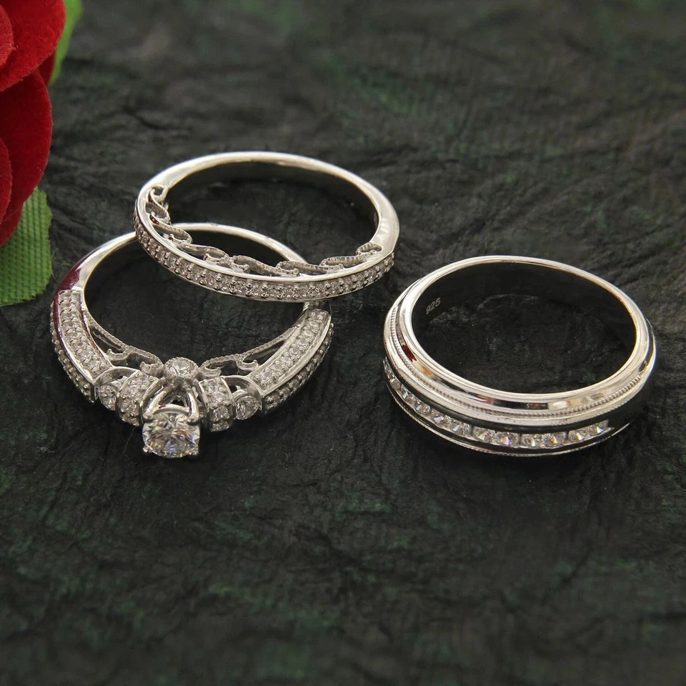 Conjunto de trio de anel de casamento 3 quilates corte redondo criado em laboratório diamante folheado a ouro branco 14k - Imagem 4 de 4