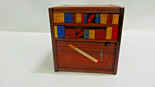 VINTAGE WOODEN MECHANICAL CIGARETTE DISPENER BOOOKCASE MUSIC BOX CARVED DOG