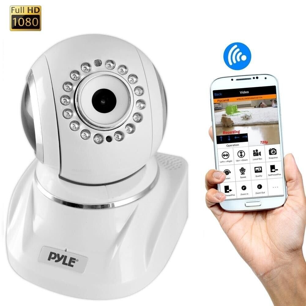 Pyle IP Cam WiFi Security Camera Full HD 1080p App Download Pan Tilt White