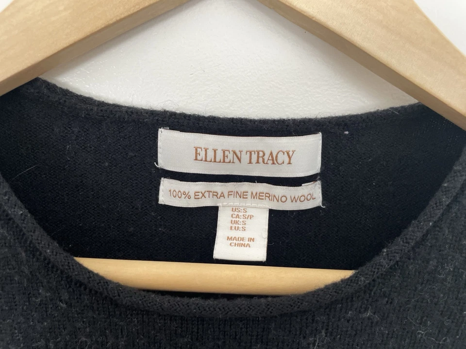 Женская однотонная черная 100% сверхтонкая шерстяная рубашка с длинным рукавом из мериноса Ellen Tracy S - Изображение 2 из 4