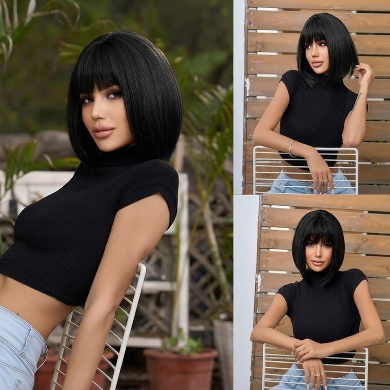 Bob Straight Cosplay Wigs With Fringe Black Heat Resistant Synthetic Hair Soft