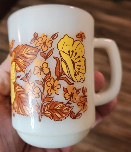 VTG Anchor Hocking Fire King Milk Glass Mug Yellow Orange Brown Flowers