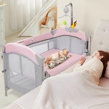 5-in-1 Pink Baby Bassinet Bedside Crib, Pack n Play Long Next to Parents Bed ...